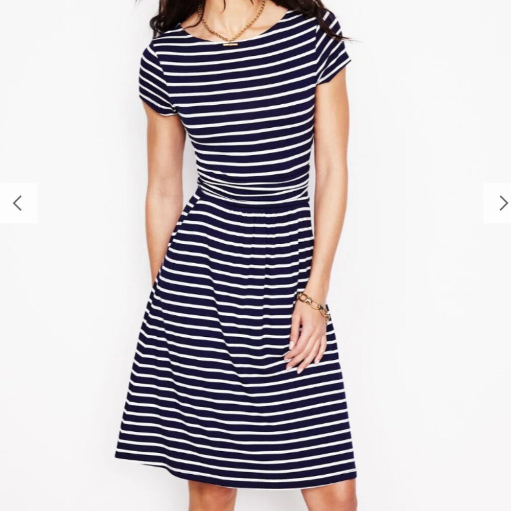 Boden 2R Amelie Jersey Dress Navy Ivory Stripe Midi Nautical Classic Stretch